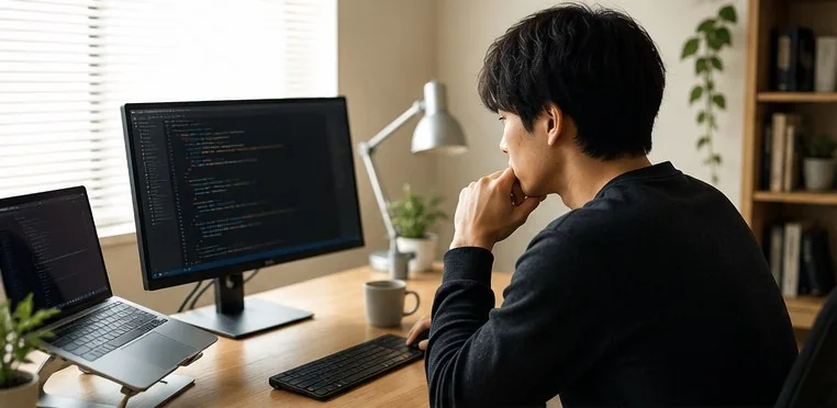 自宅のデスクでリモートワークをする男性