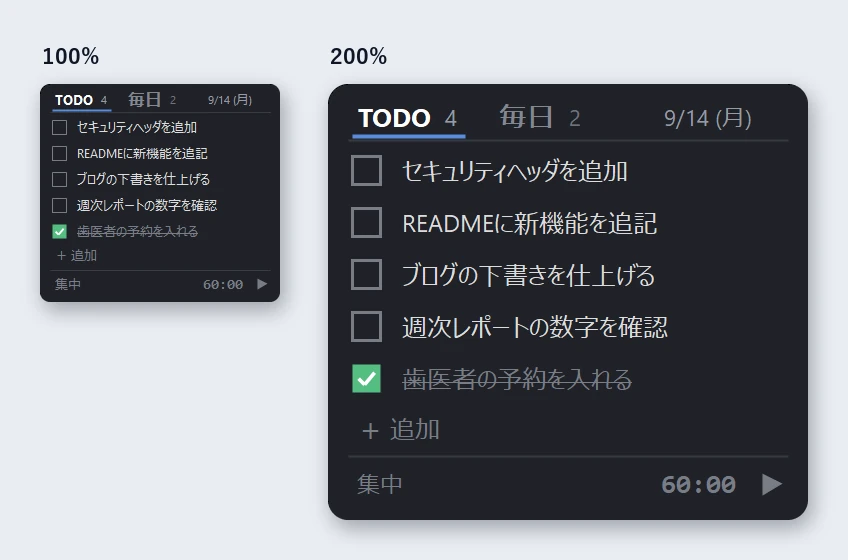 NoToDoを100%と200%で表示して並べた画面