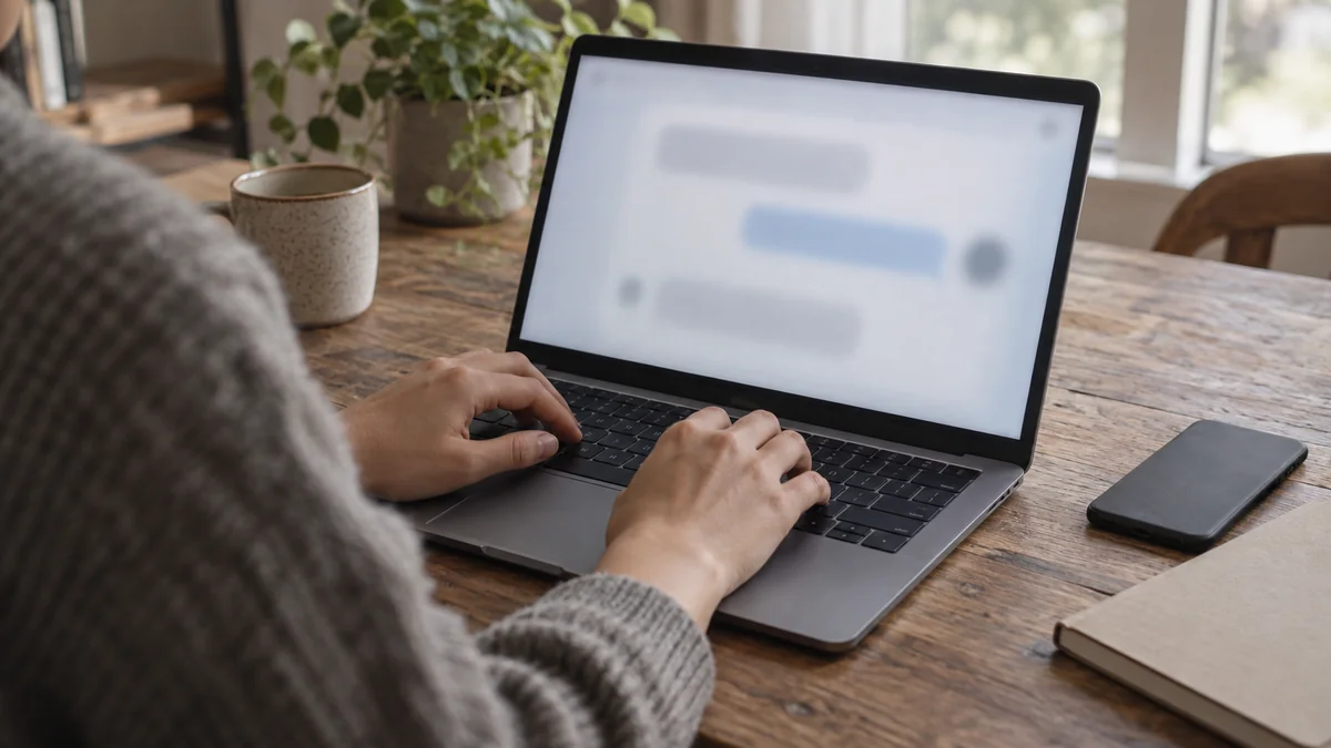 ノートパソコンでAIのチャットに質問を入力している人の手元